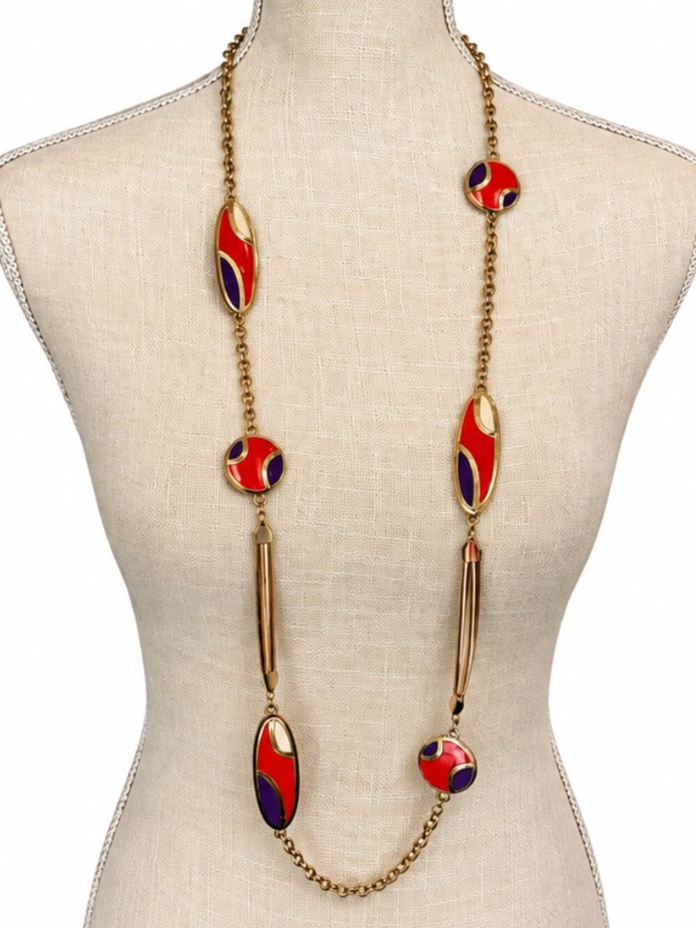 Kenneth Cole Gold Tone Red & Purple Enamel Long Station Necklace